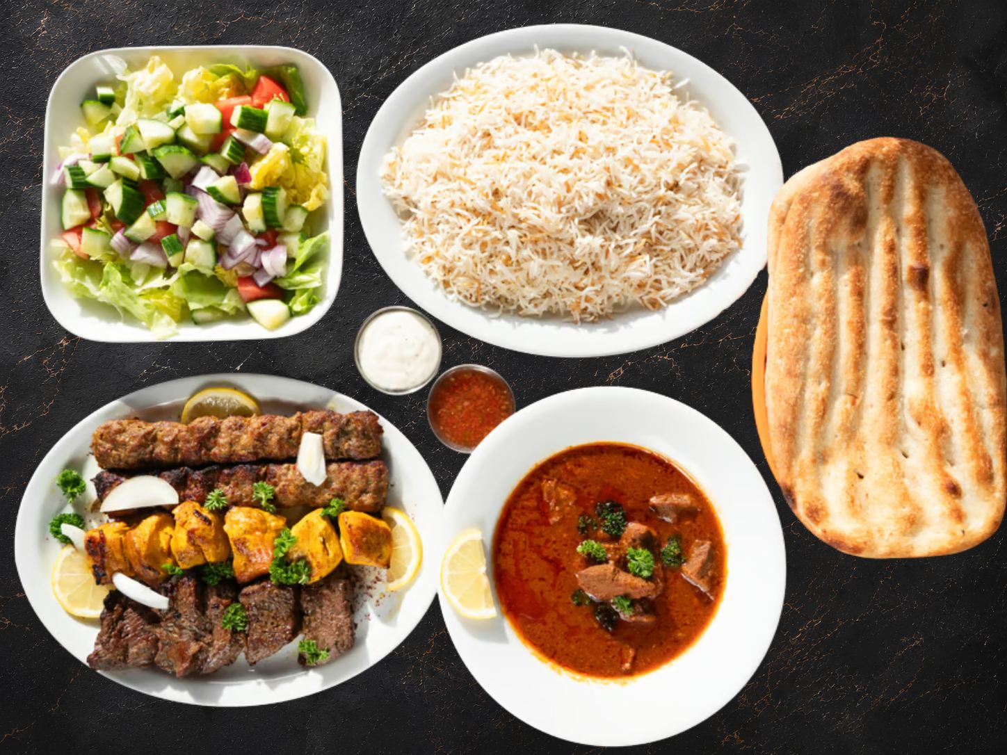 Family pack with kabobs, rice, salad, qorma and naan