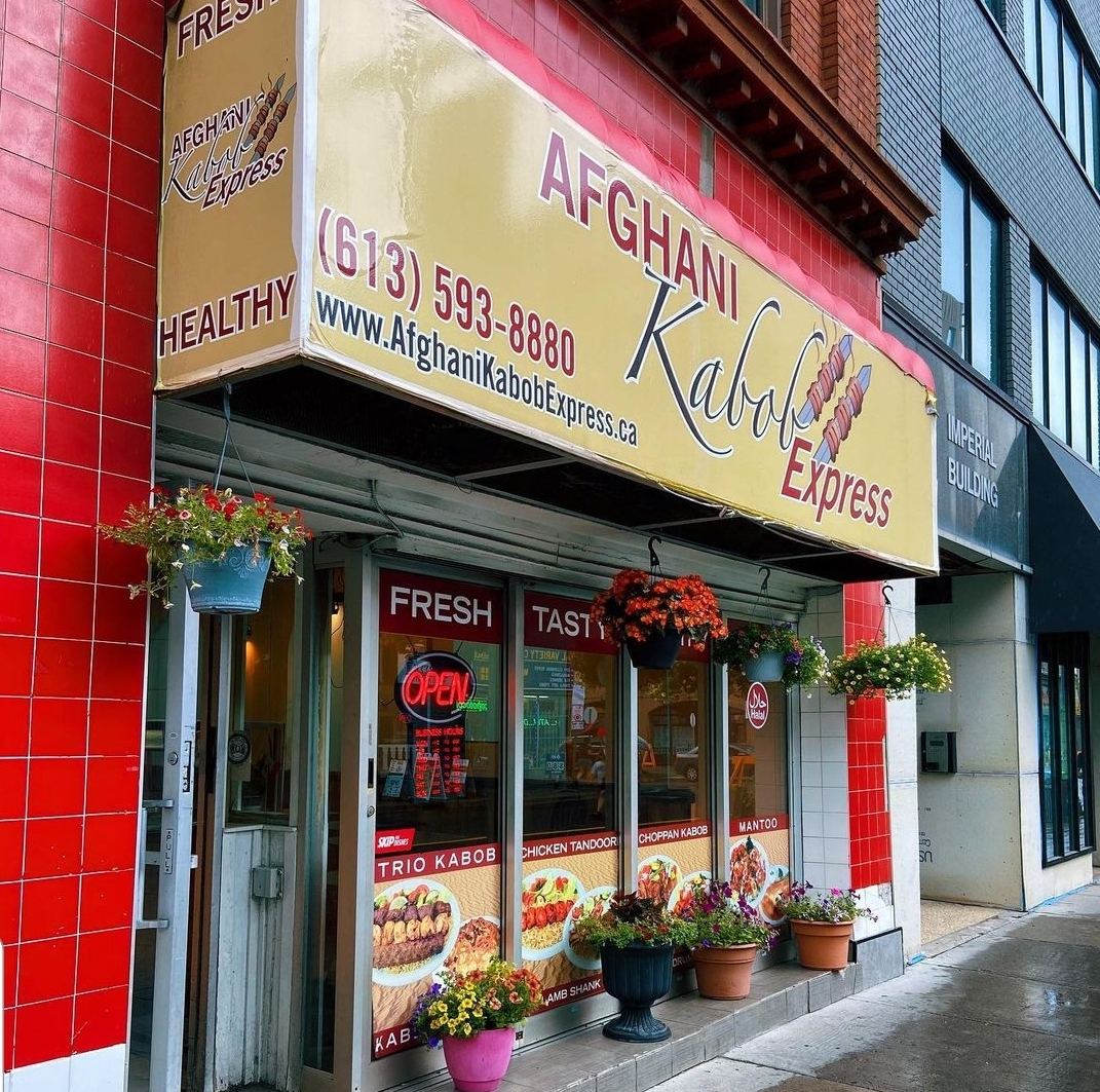 Afghani Kabob Express storefront on Bank Street with its red and yellow sign